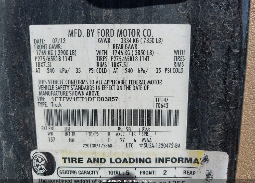 2013 FORD F-150 VIN: 1FTFW1ET1DFD03857