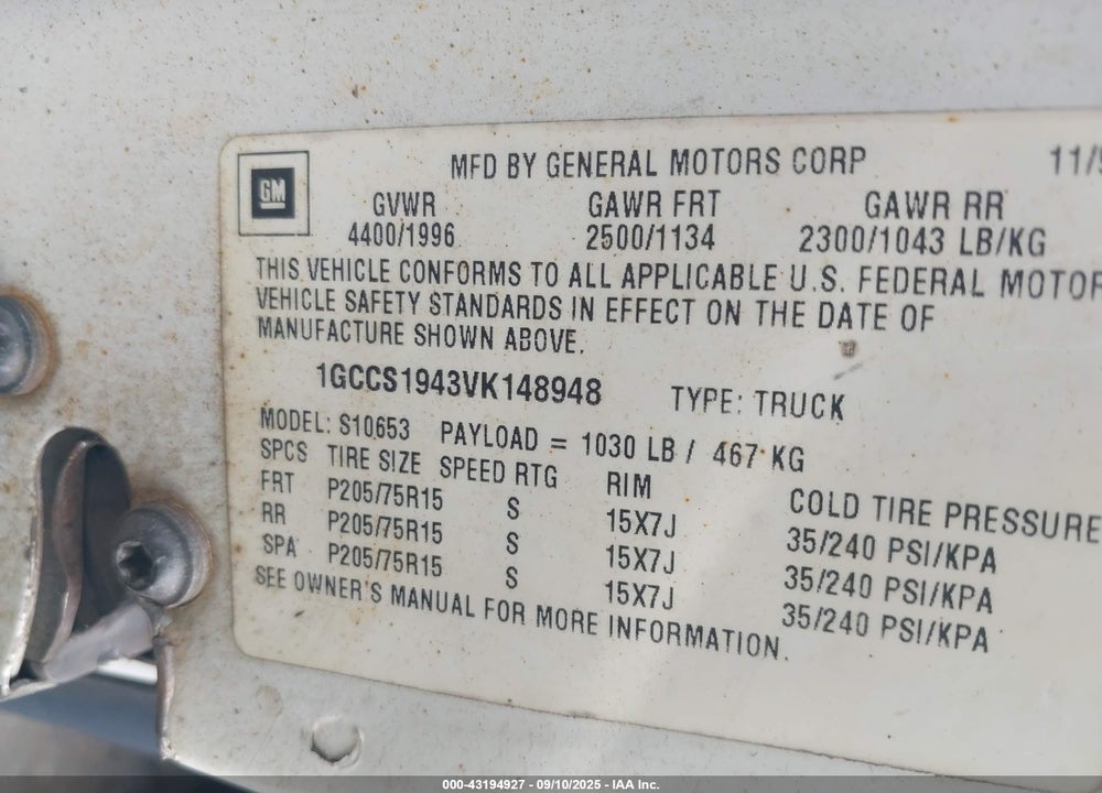 1997 CHEVROLET S-10 LS FLEETSIDE/LS SPORTSIDE VIN: 1GCCS1943VK148948