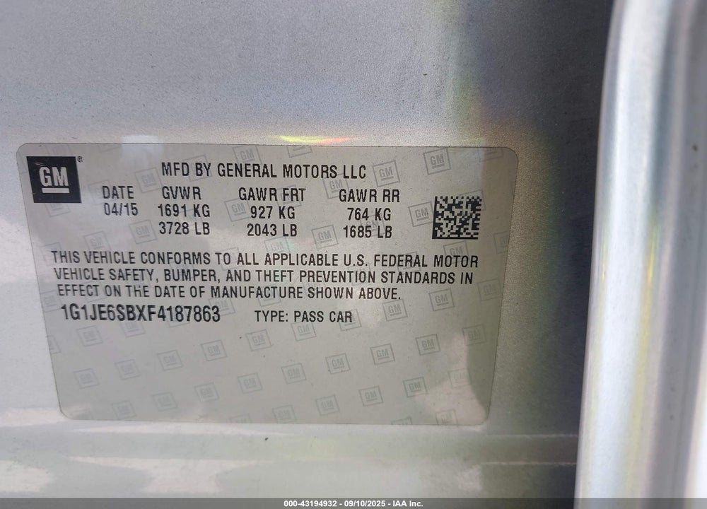 2015 CHEVROLET SONIC LTZ AUTO VIN: 1G1JE6SBXF4187863
