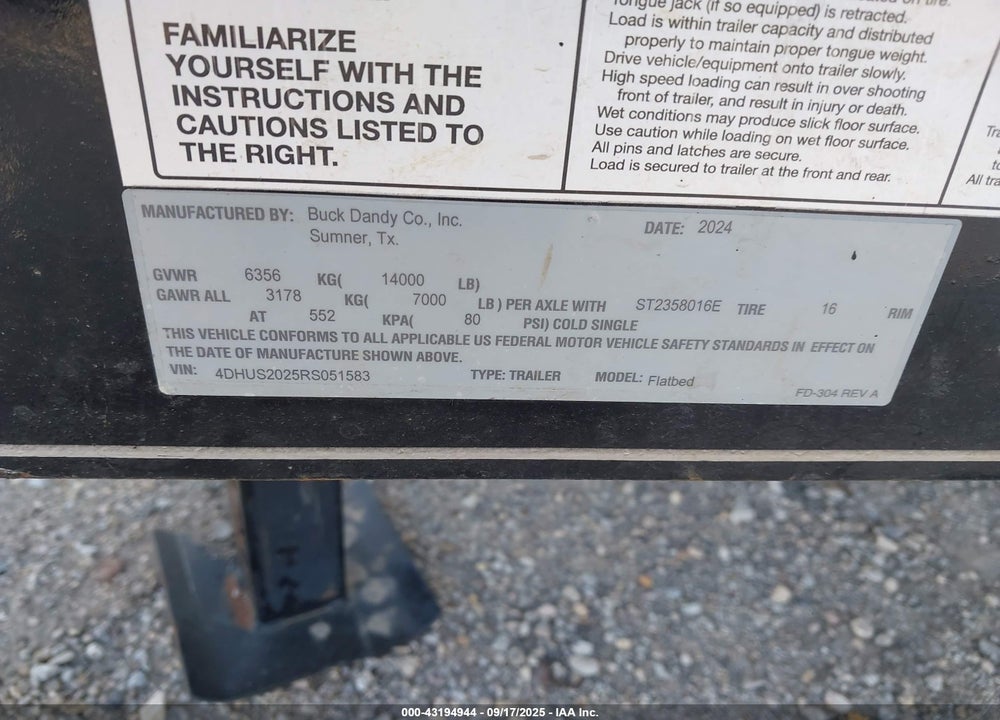 2024 BUCK DANDY CO FLATBED TRAILER VIN: 4DHUS2025RS051583