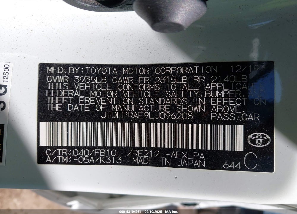2020 TOYOTA COROLLA VIN: JTDEPRAE9LJ096208