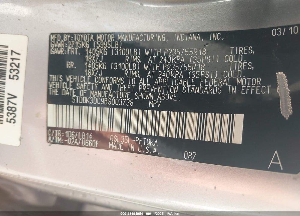 2011 TOYOTA SIENNA XLE VIN: 5TDDK3DC9BS003738