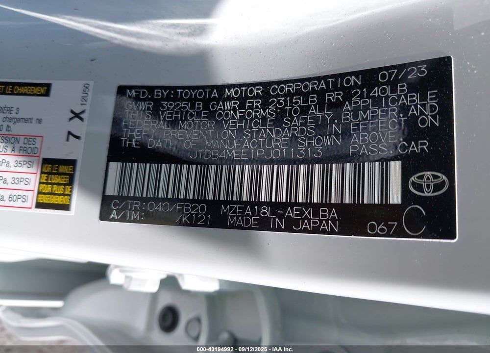 2023 TOYOTA COROLLA LE VIN: JTDB4MEE1PJ011313