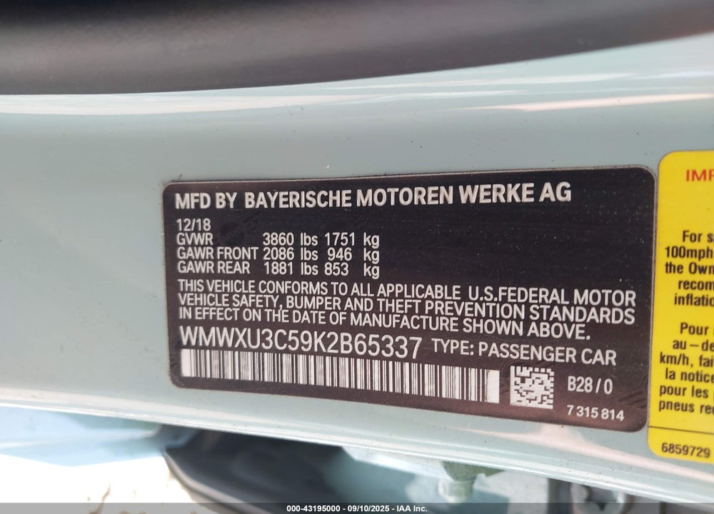 2019 MINI HARDTOP VIN: WMWXU3C59K2B65337