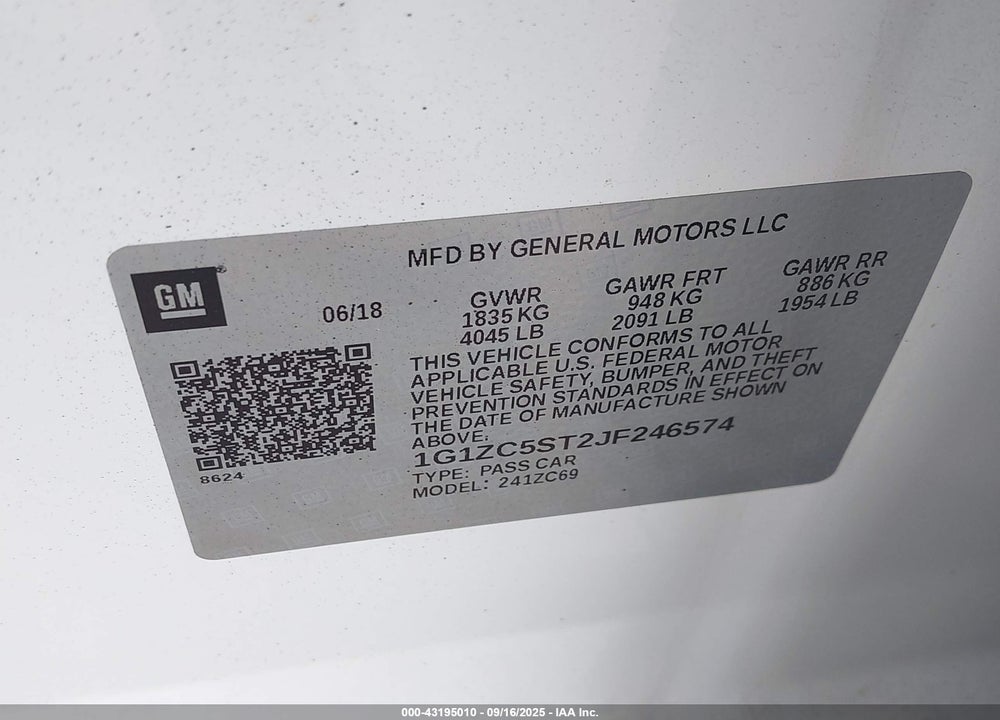 2018 CHEVROLET MALIBU VIN: 1G1ZC5ST2JF246574