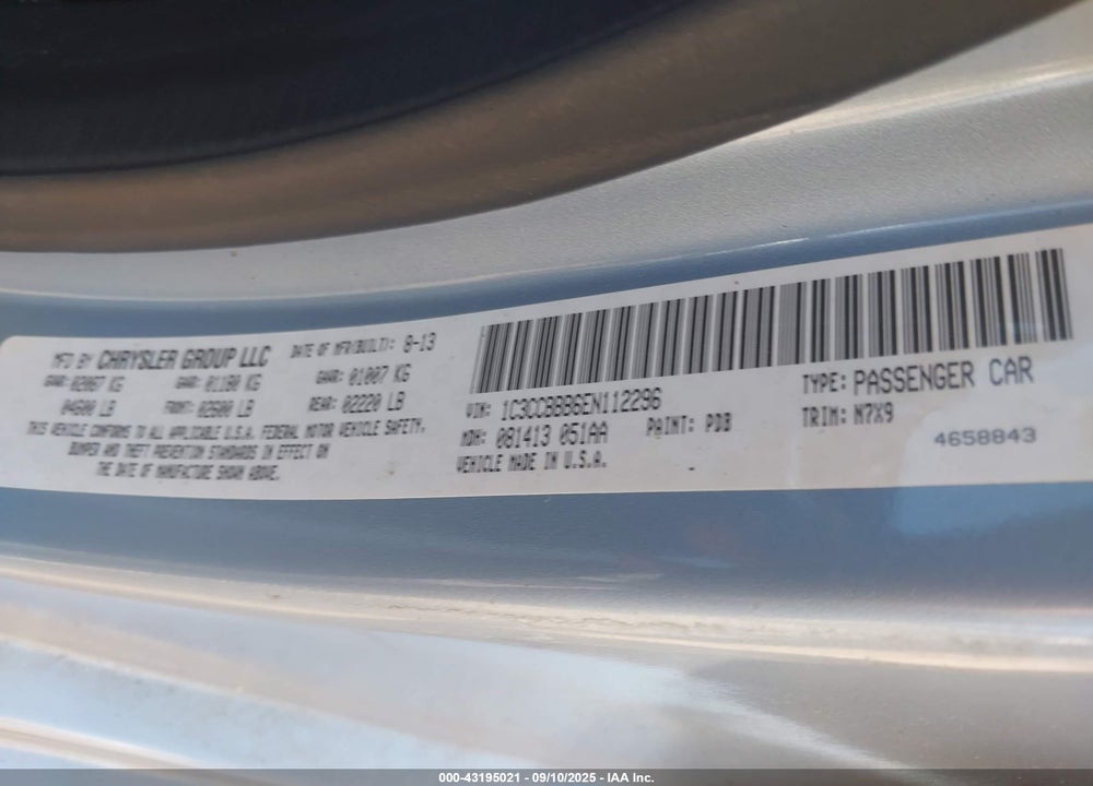 2014 CHRYSLER 200 VIN: 1C3CCBBB6EN112296