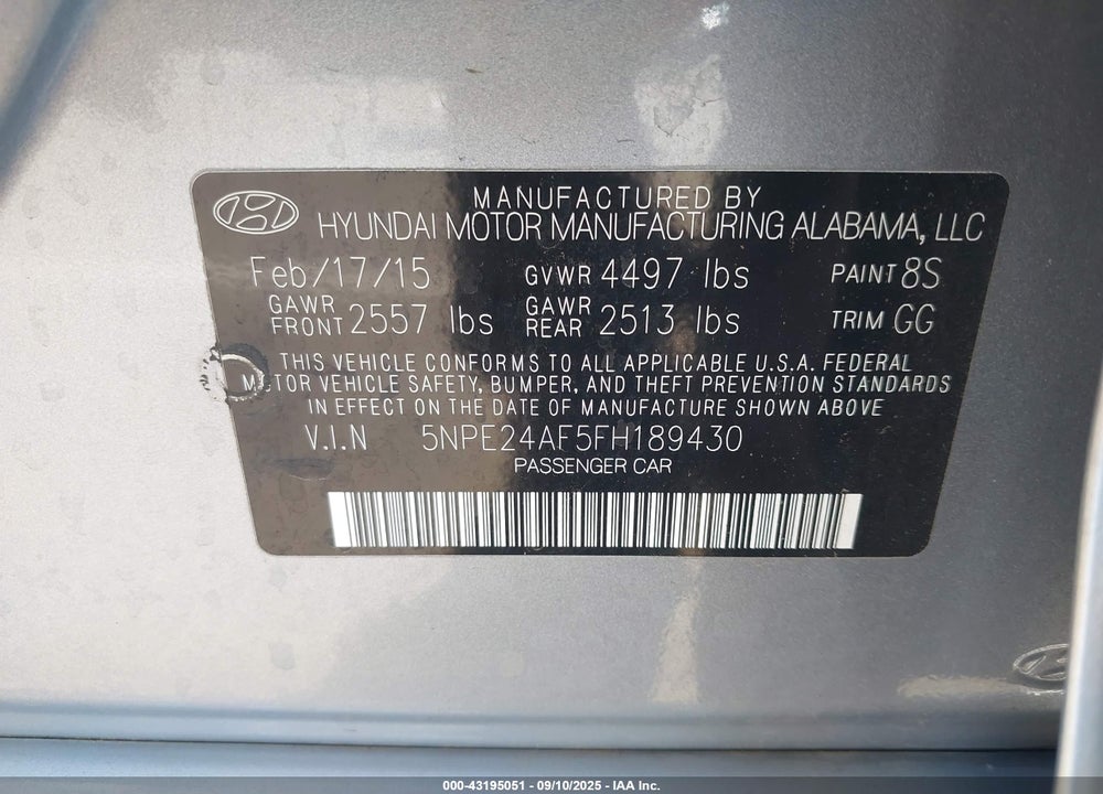 2015 HYUNDAI SONATA VIN: 5NPE24AF5FH189430