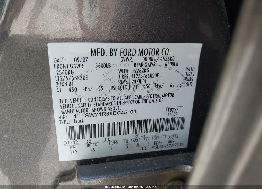 2008 FORD F-250 LARIAT VIN: 1FTSW21R38EC45101