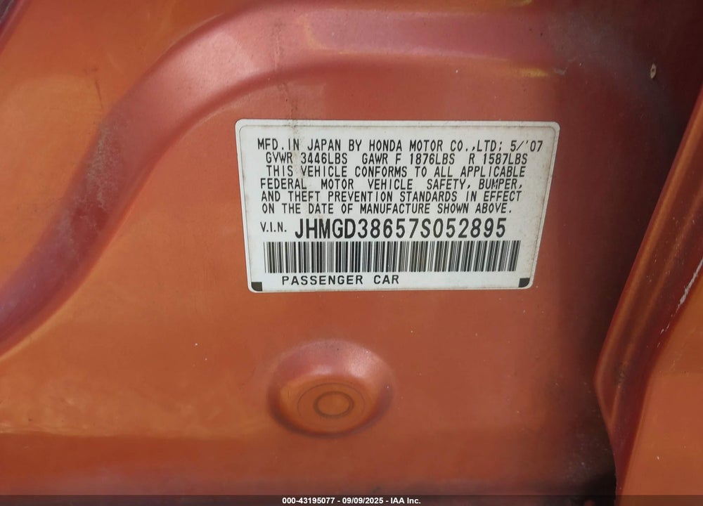 2007 HONDA FIT SPORT VIN: JHMGD38657S052895