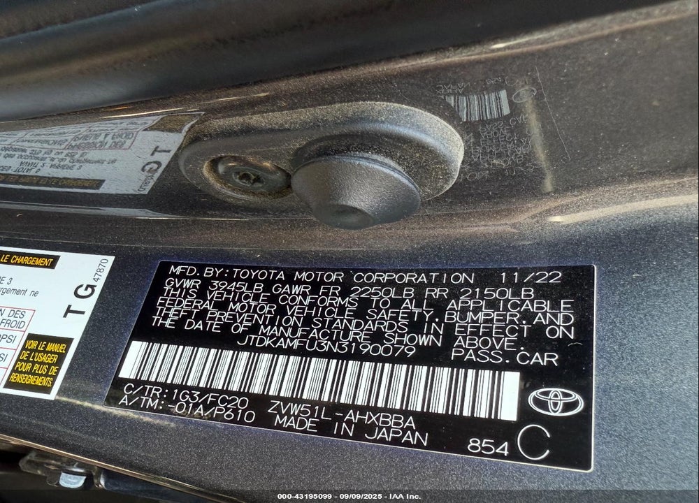 2022 TOYOTA PRIUS VIN: JTDKAMFU3N3190079