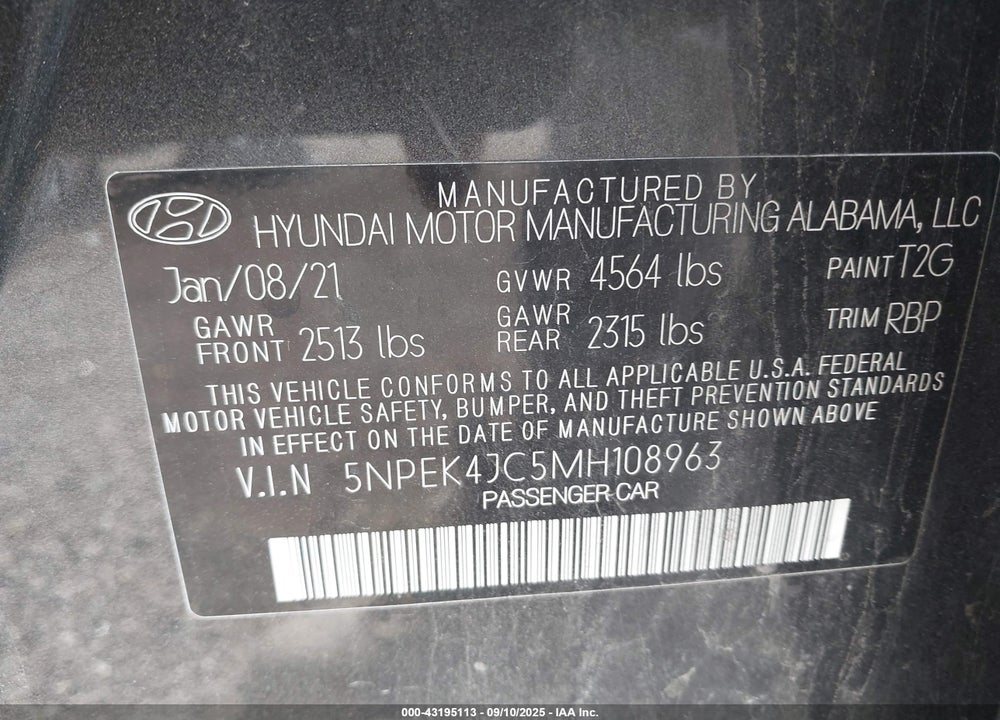 2021 HYUNDAI SONATA VIN: 5NPEK4JC5MH108963
