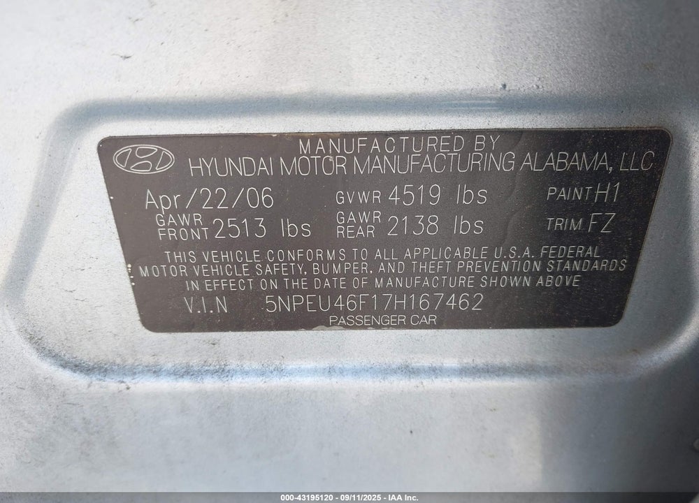 2007 HYUNDAI SONATA VIN: 5NPEU46F17H167462