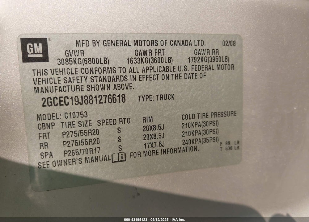 2008 CHEVROLET SILVERADO 1500 LT1 VIN: 2GCEC19J881276618