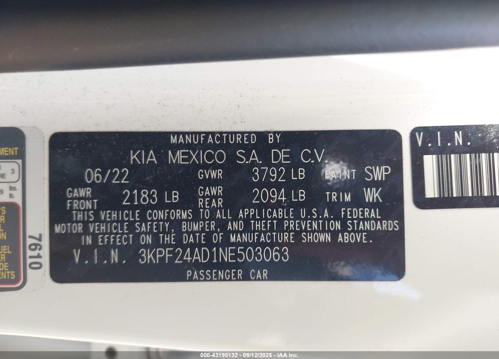 2022 KIA FORTE VIN: 3KPF24AD1NE503063