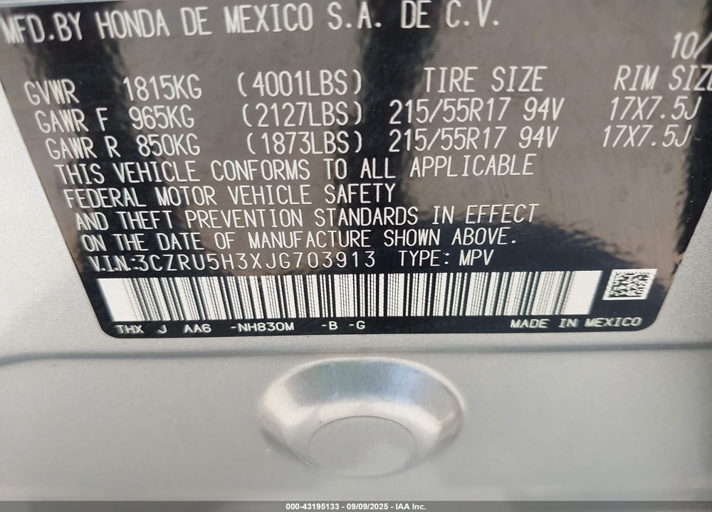 2018 HONDA HR-V LX VIN: 3CZRU5H3XJG703913