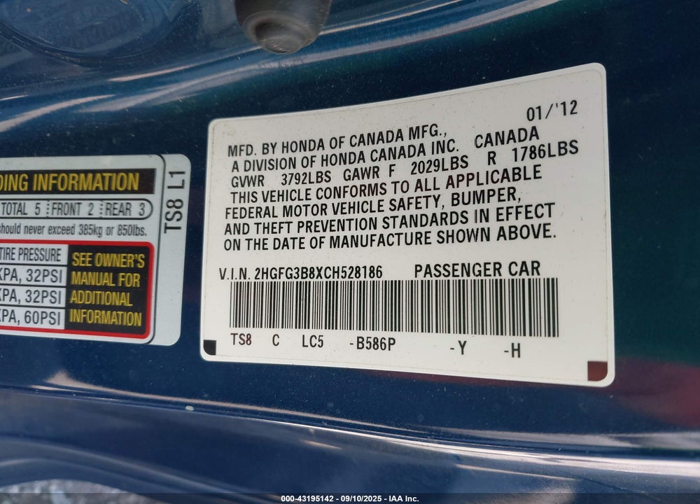 2012 HONDA CIVIC VIN: 2HGFG3B8XCH528186