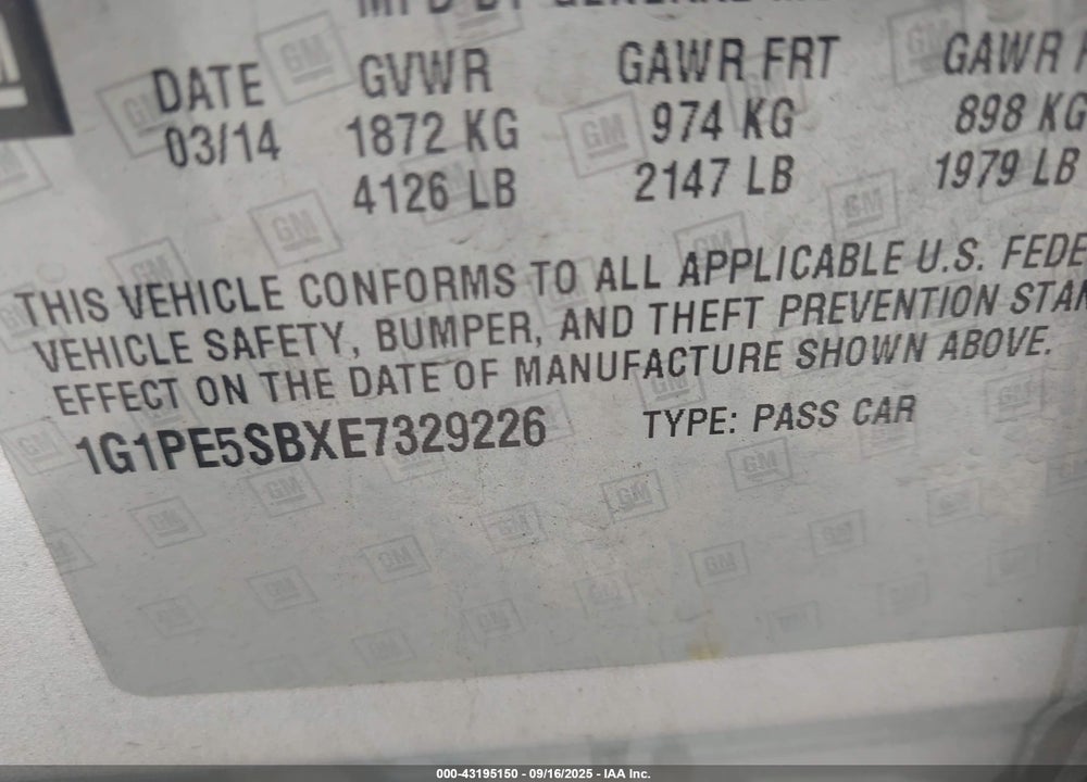 2014 CHEVROLET CRUZE VIN: 1G1PE5SBXE7329226