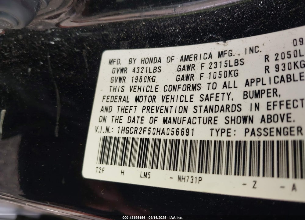 2017 HONDA ACCORD VIN: 1HGCR2F50HA056691