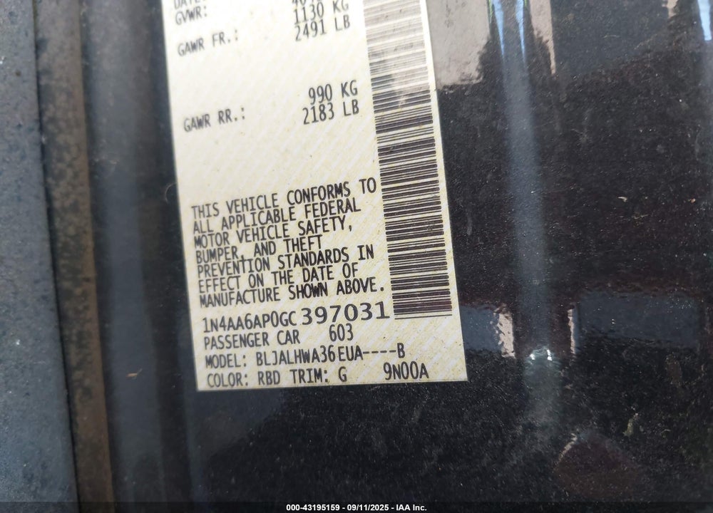 2016 NISSAN MAXIMA VIN: 1N4AA6AP0GC397031