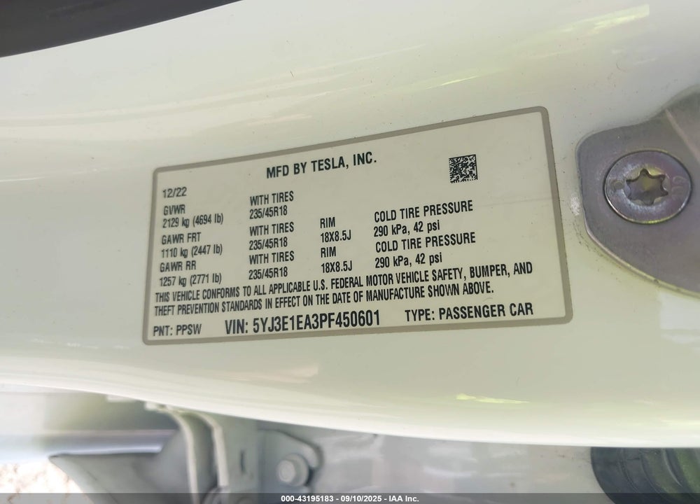 2023 TESLA MODEL 3 REAR-WHEEL DRIVE VIN: 5YJ3E1EA3PF450601