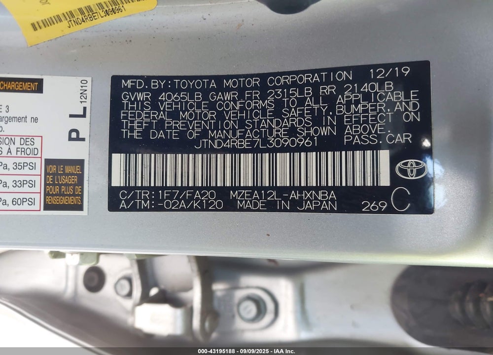 2020 TOYOTA COROLLA VIN: JTND4RBE7L3090961