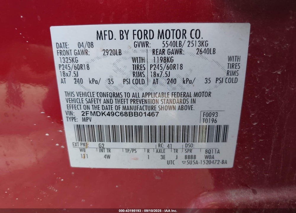 2008 FORD EDGE LIMITED VIN: 2FMDK49C68BB01467