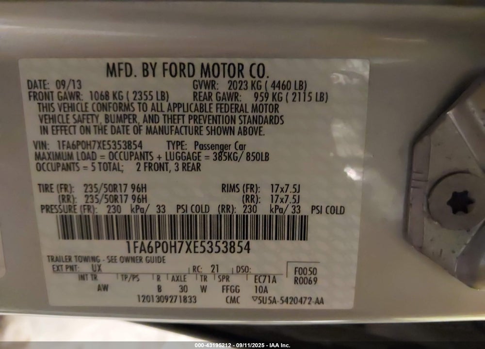 2014 FORD FUSION VIN: 1FA6P0H7XE5353854