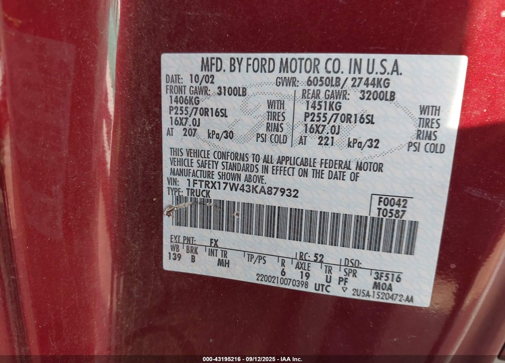 2003 FORD F-150 LARIAT/XL/XLT VIN: 1FTRX17W43KA87932