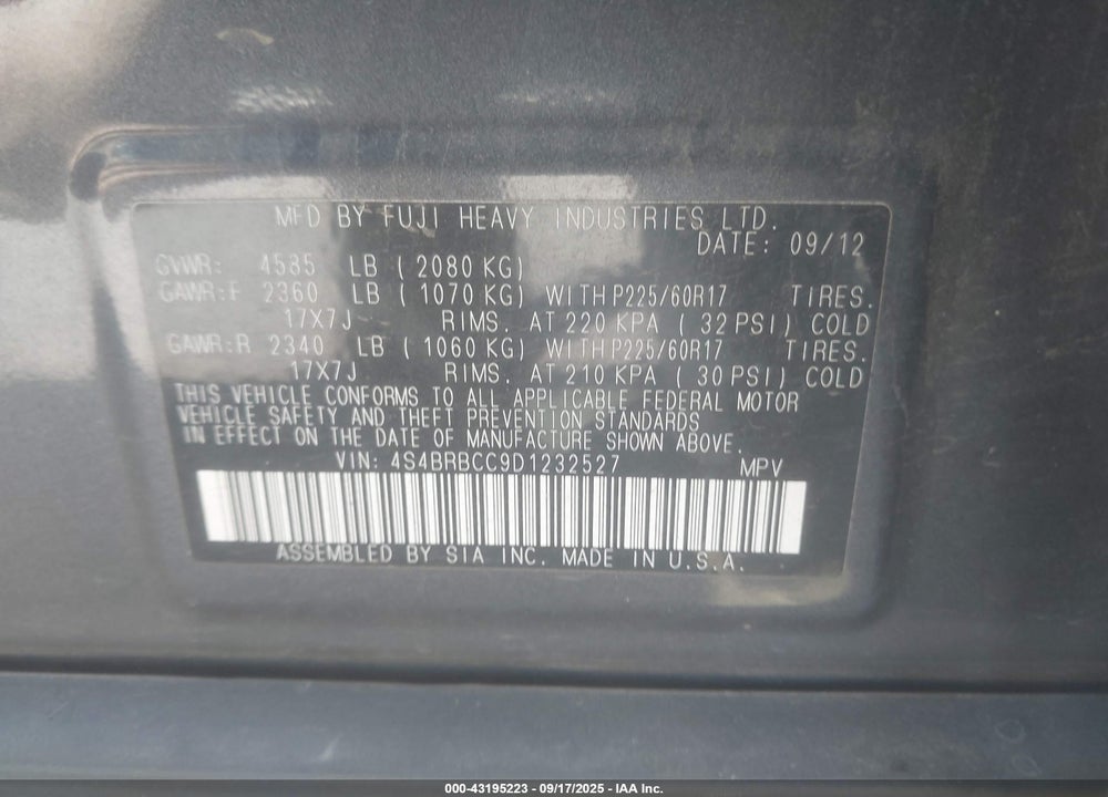 2013 SUBARU OUTBACK VIN: 4S4BRBCC9D1232527