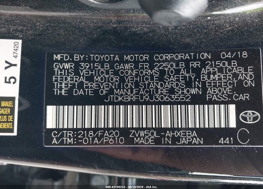2018 TOYOTA PRIUS TWO VIN: JTDKBRFU9J3063552