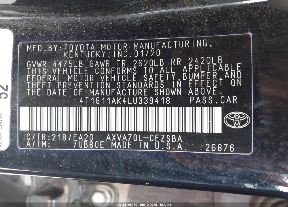 2020 TOYOTA CAMRY VIN: 4T1G11AK4LU339418