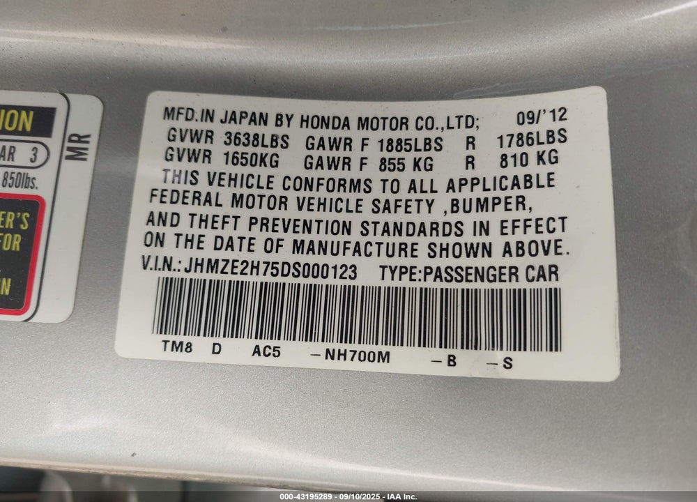 2013 HONDA INSIGHT VIN: JHMZE2H75DS000123