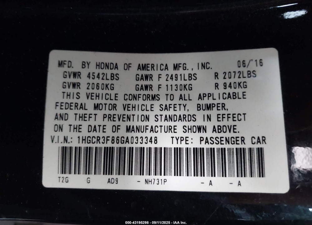 2016 HONDA ACCORD VIN: 1HGCR3F86GA033348