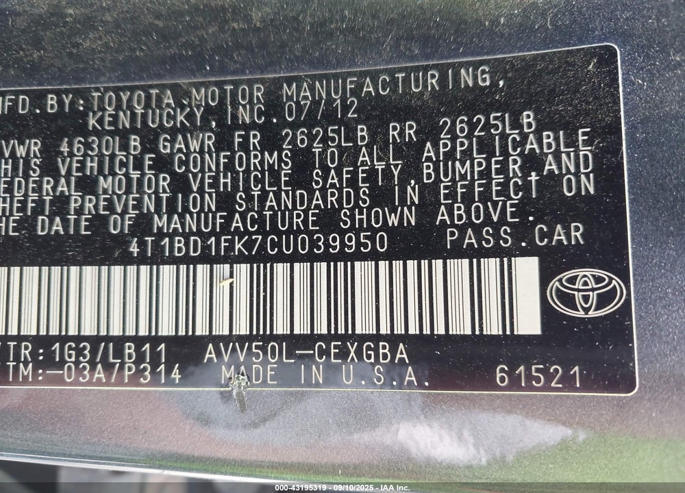 2012 TOYOTA CAMRY HYBRID XLE VIN: 4T1BD1FK7CU039950