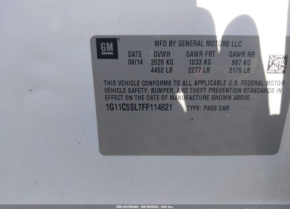 2015 CHEVROLET MALIBU VIN: 1G11C5SL7FF114821