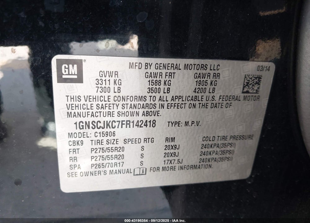 2015 CHEVROLET SUBURBAN LT VIN: 1GNSCJKC7FR142418