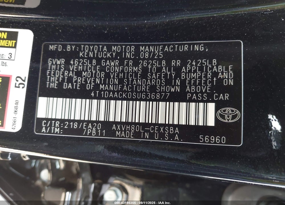 2025 TOYOTA CAMRY VIN: 4T1DAACK0SU636877