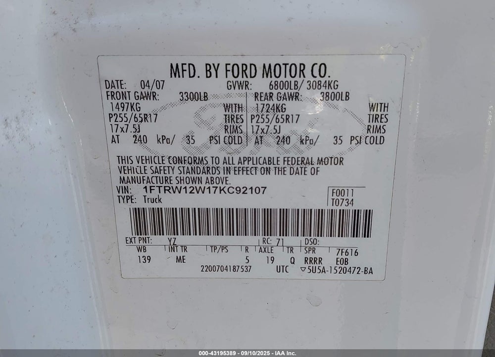 2007 FORD F-150 VIN: 1FTRW12W17KC92107