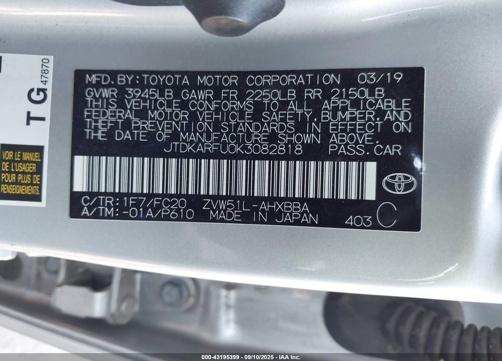 2019 TOYOTA PRIUS VIN: JTDKARFU0K3082818