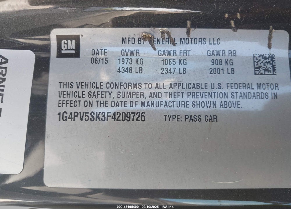 2015 BUICK VERANO VIN: 1G4PV5SK3F4209726