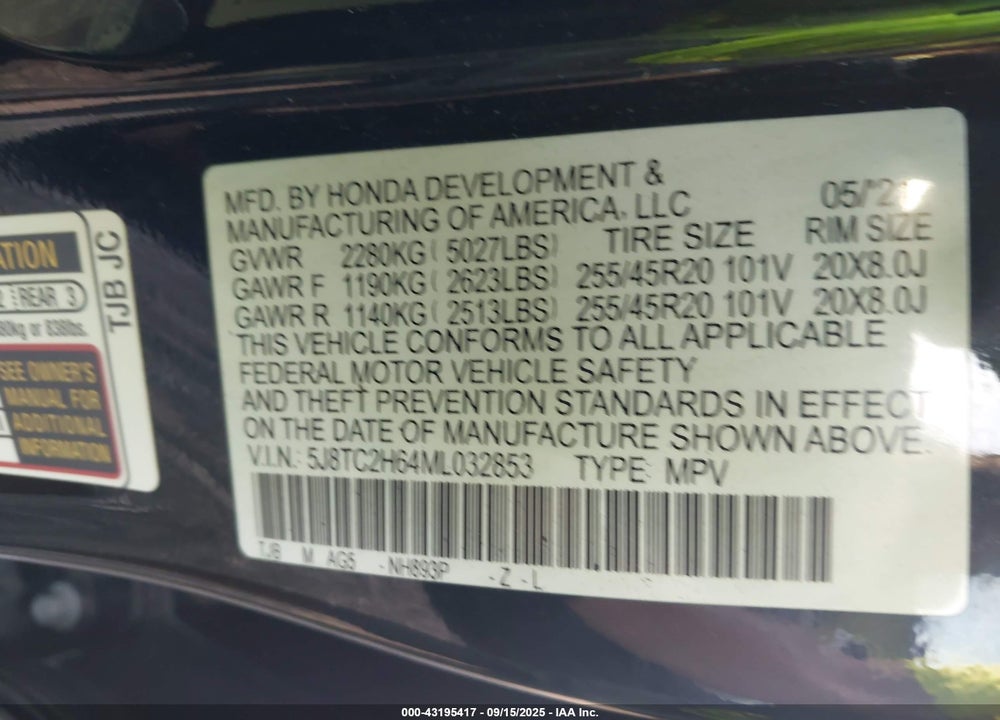 2021 ACURA RDX VIN: 5J8TC2H64ML032853