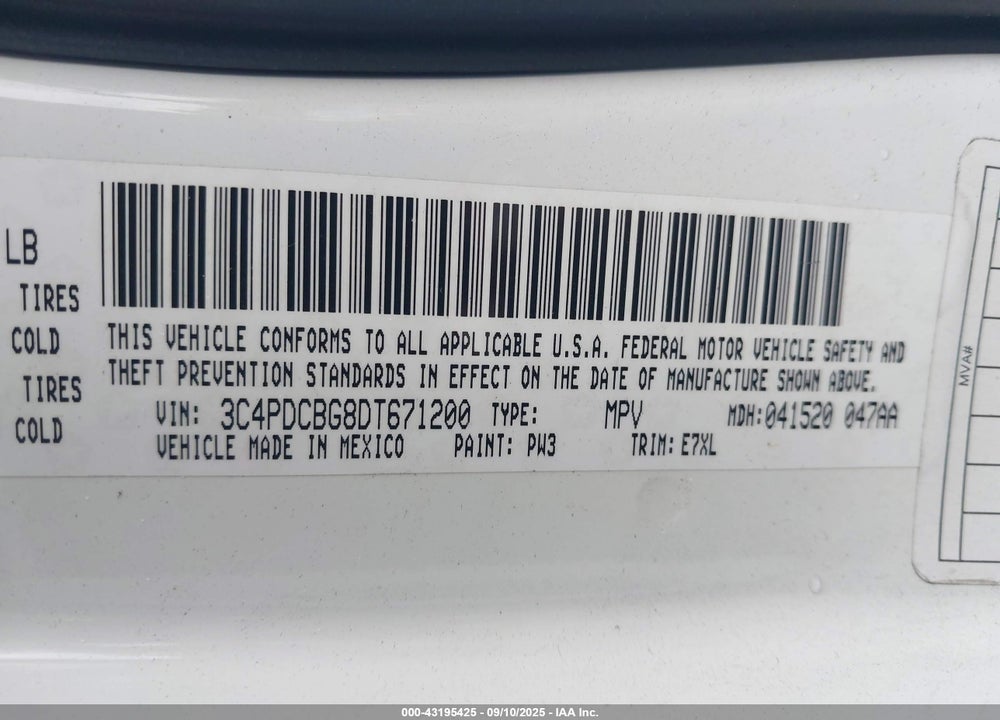2013 DODGE JOURNEY SXT VIN: 3C4PDCBG8DT671200