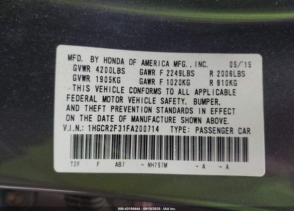 2015 HONDA ACCORD VIN: 1HGCR2F31FA200714