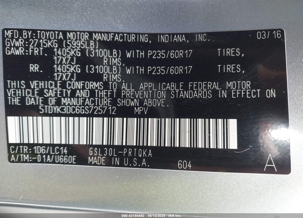 2016 TOYOTA SIENNA XLE 8 PASSENGER VIN: 5TDYK3DC6GS725712