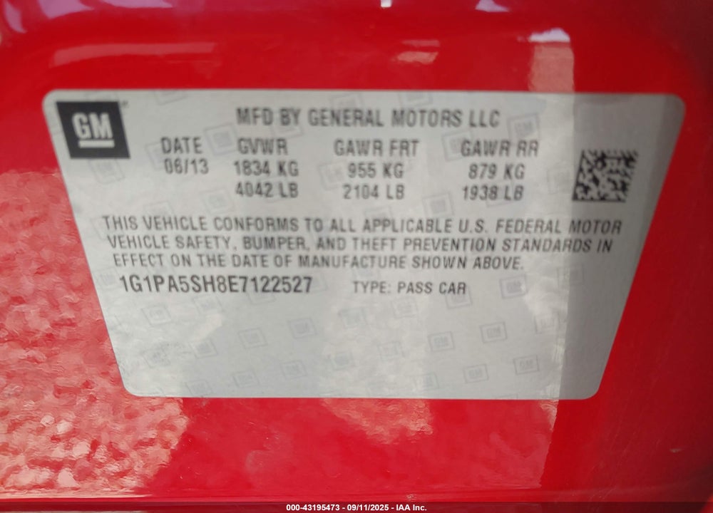 2014 CHEVROLET CRUZE VIN: 1G1PA5SH8E7122527