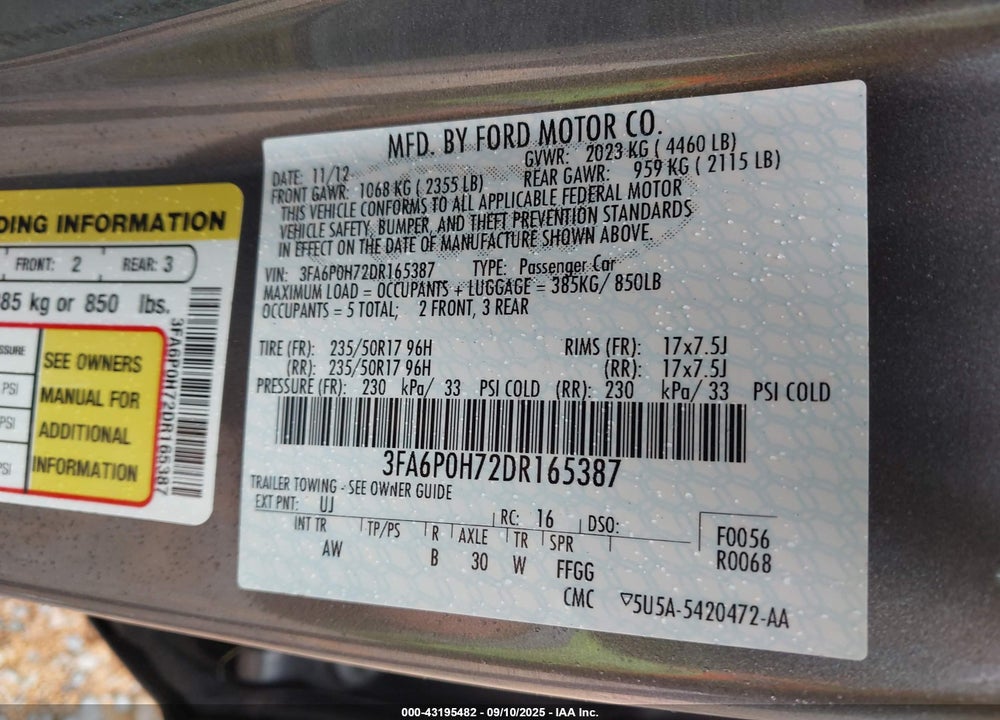 2013 FORD FUSION SE VIN: 3FA6P0H72DR165387