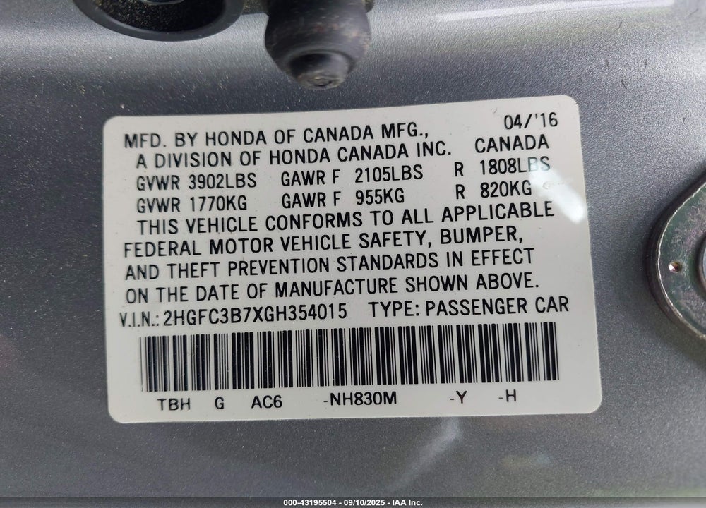 2016 HONDA CIVIC VIN: 2HGFC3B7XGH354015