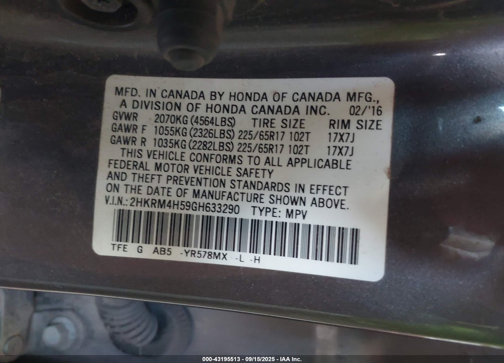 2016 HONDA CR-V VIN: 2HKRM4H59GH633290