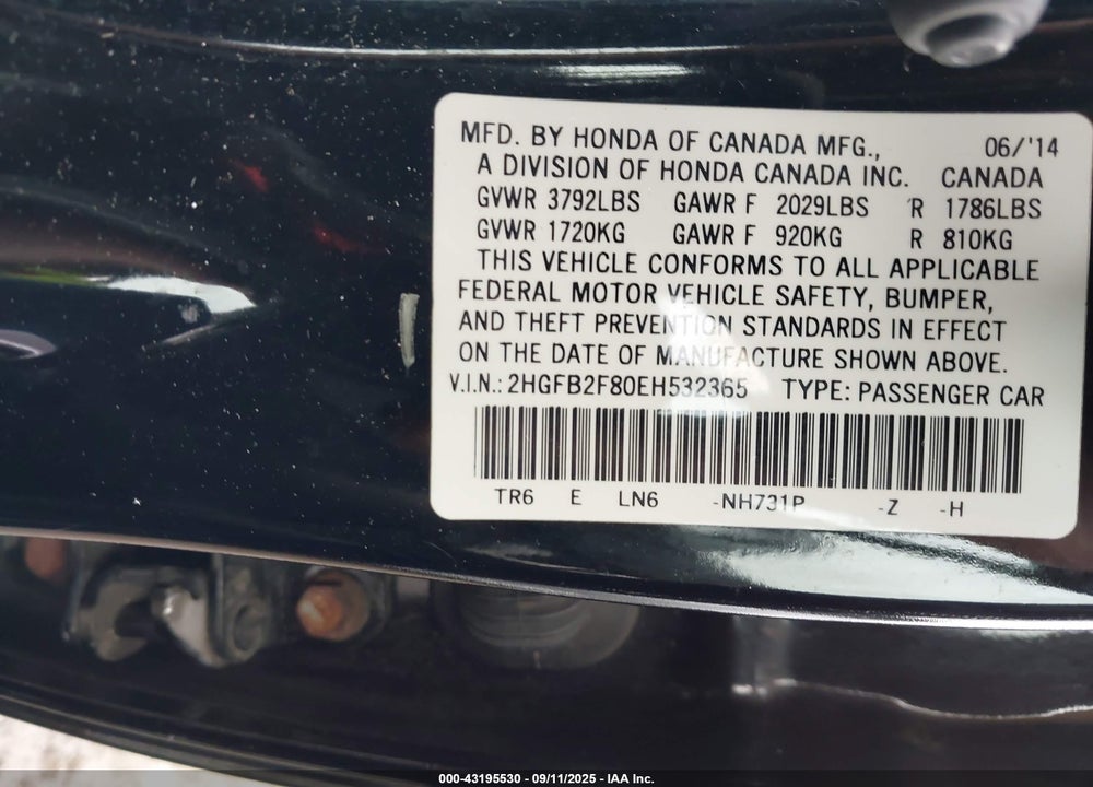 2014 HONDA CIVIC VIN: 2HGFB2F80EH532365