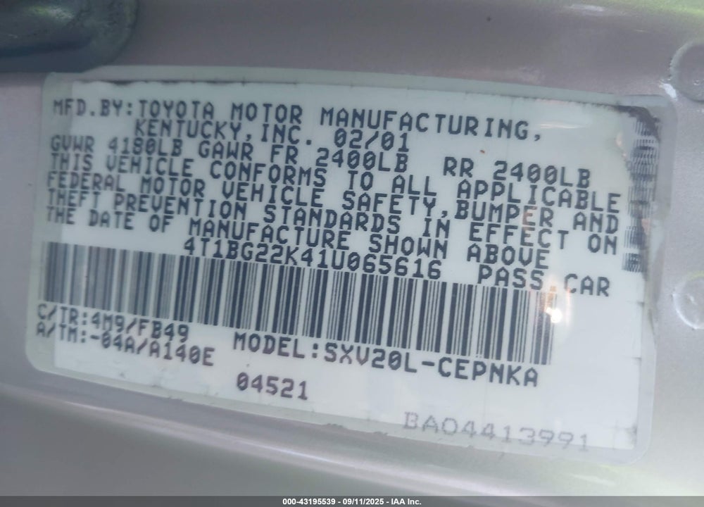 2001 TOYOTA CAMRY LE VIN: 4T1BG22K41U065616